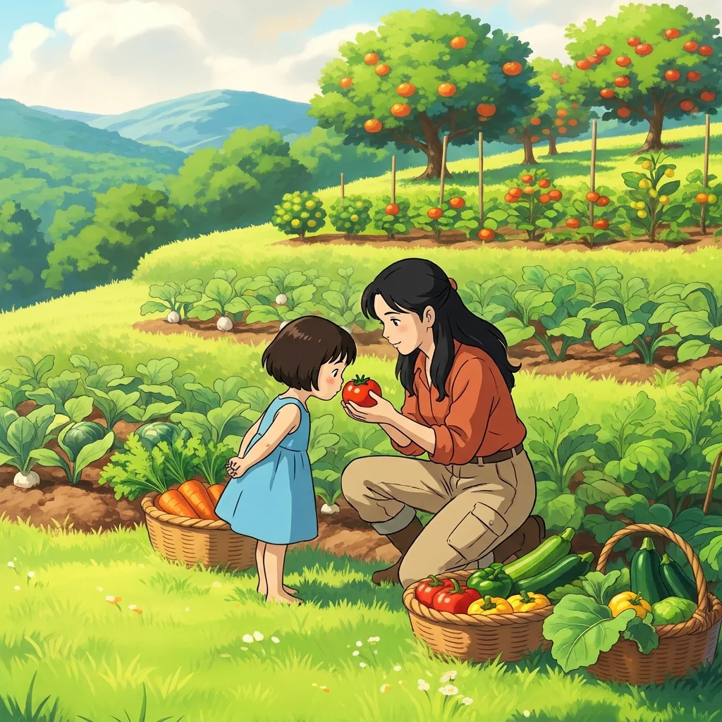 A mother kneeling in a vegetable garden holding out a tomato while her daughter leans in to smell it